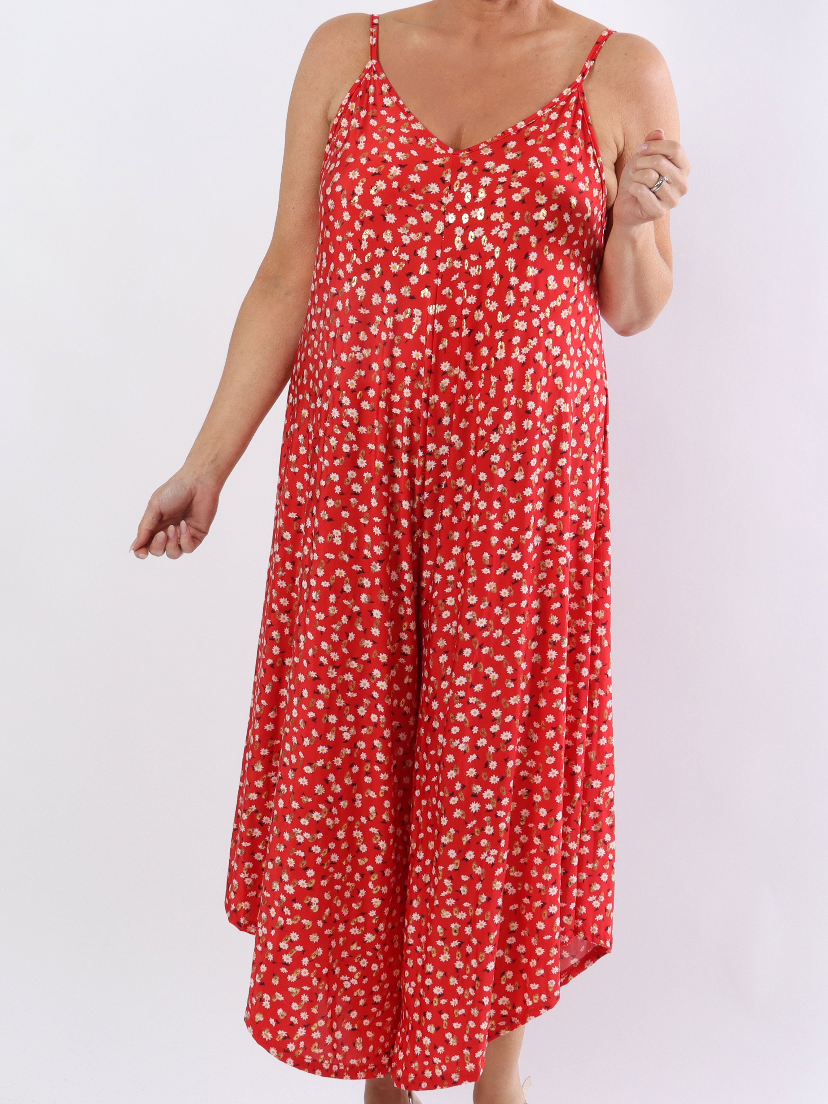 Felicia flower - Plus size byxdräkt med vida ben i stretchigt tyg - Red